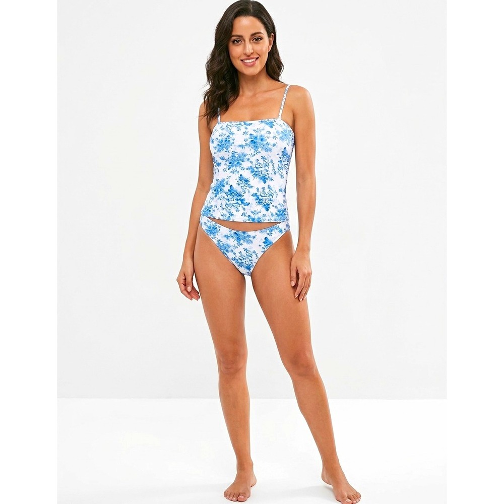 Zaful 2 Piece Tankini Top Bikini Bottoms Blue White Floral Swimsuit Size M